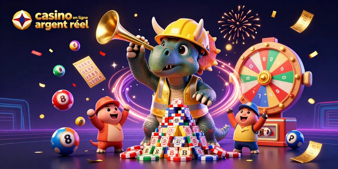 Les jeux du casino en ligne argent réel s'animent avec des dinosaures construisant des pyramides de jetons.