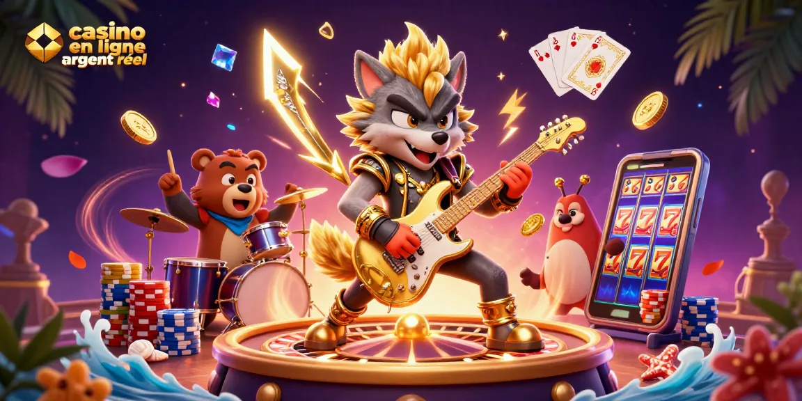 Le casino en ligne argent réel attire les joueurs avec des personnages animés sur scène, des jetons colorés et des éléments de jeux d'argent.