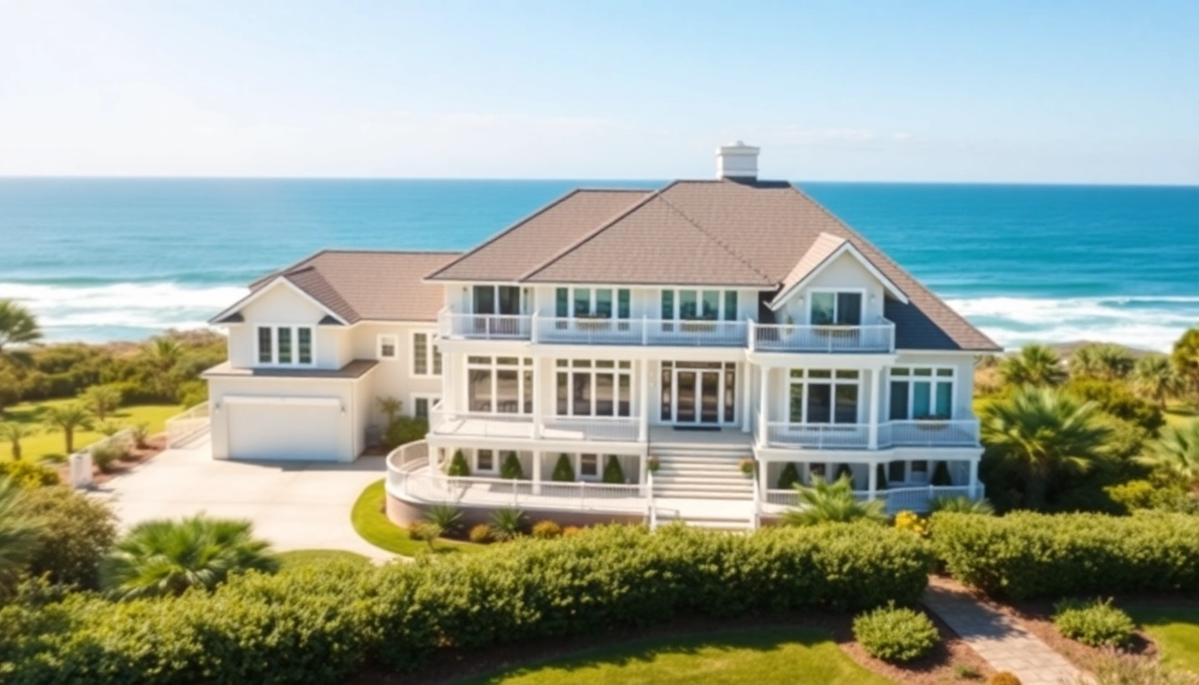 View of a stunning coastal home for sale with ocean views and lush landscaping.