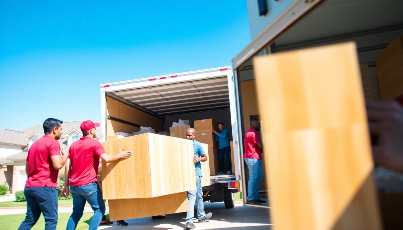 Movers near me efficiently loading furniture into a truck in a bright suburban setting.