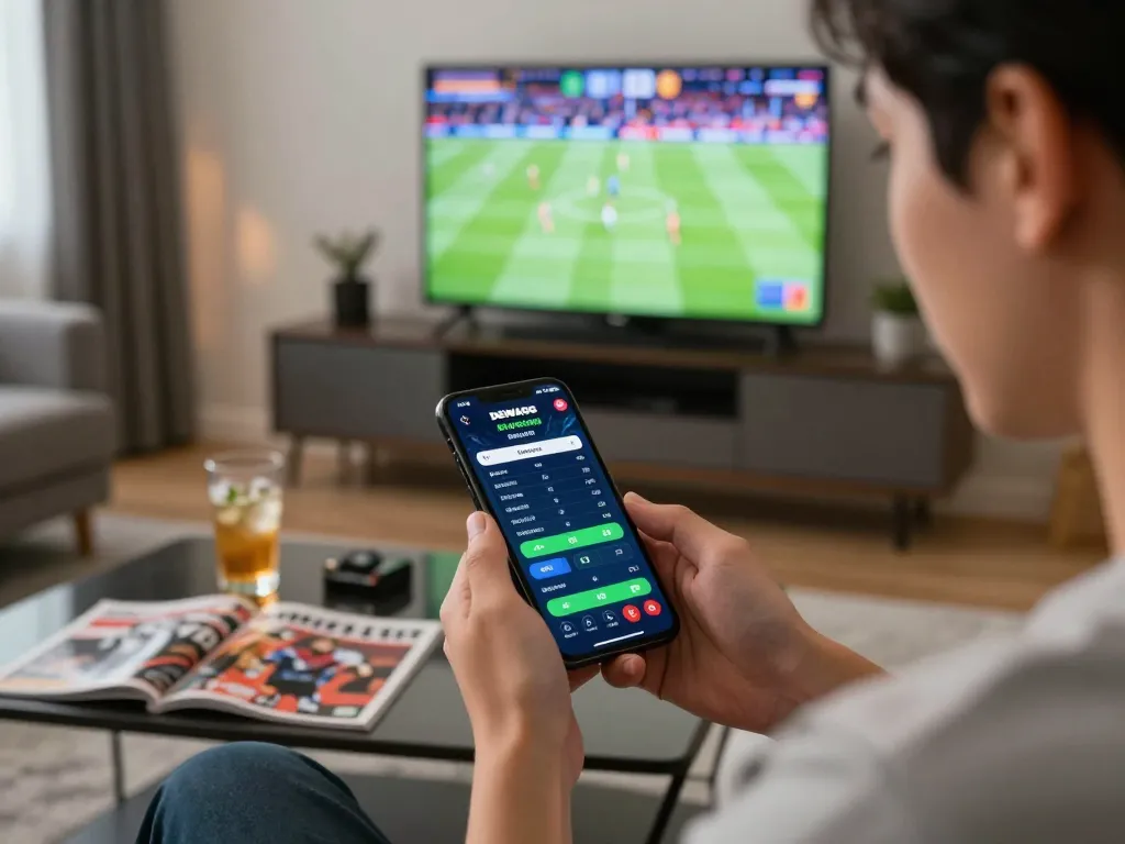 Person engaging with the DEWAGG sports betting app on smartphone in a lively home setting.