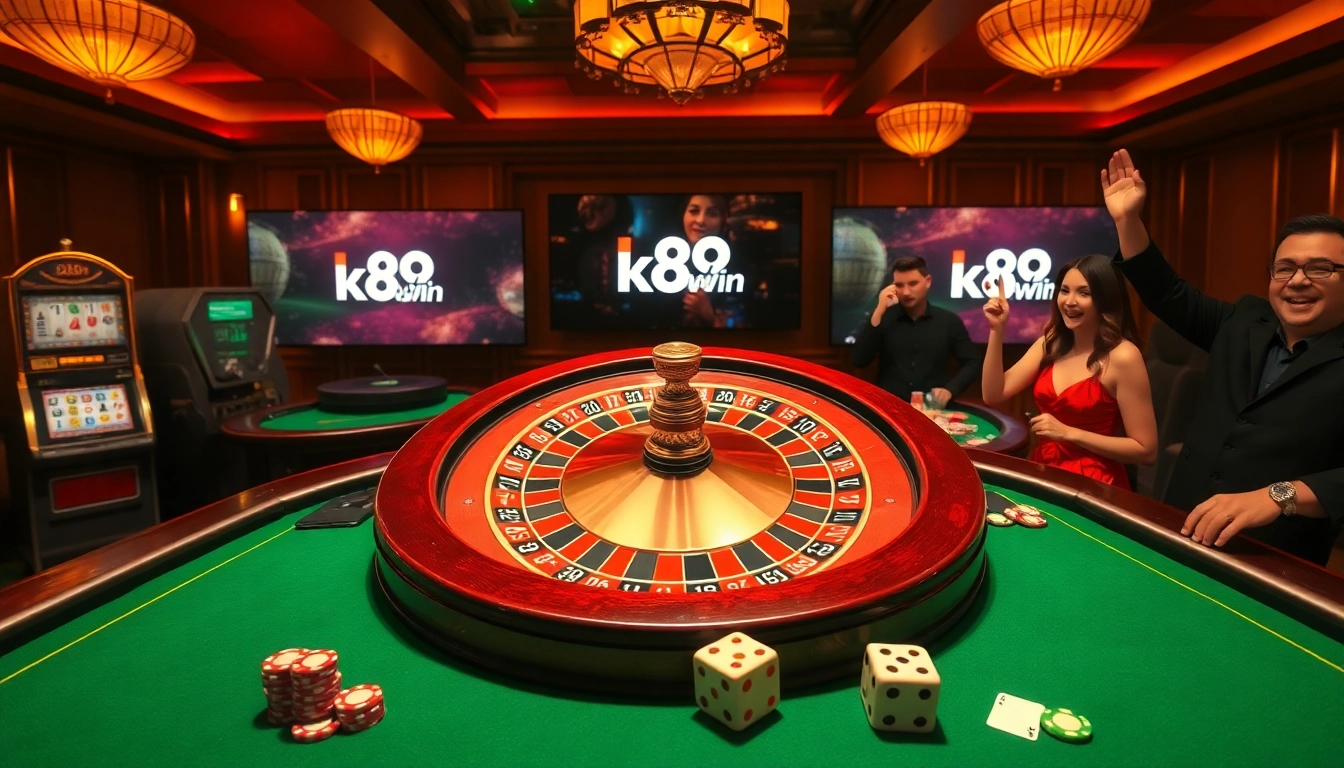 Players celebrating wins at k88win inside an illuminated casino with vibrant gaming tables.