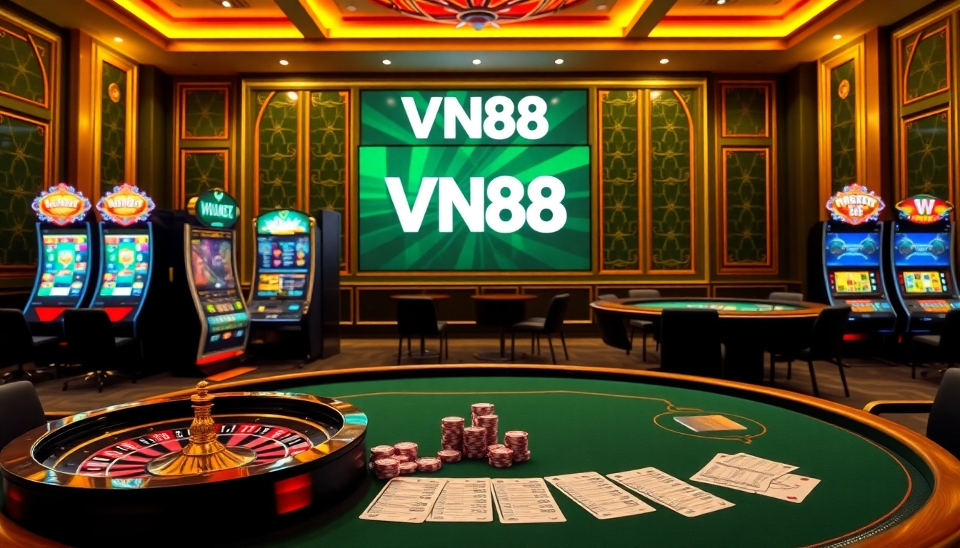 Experience the excitement of online gambling at VN88 with vibrant slot machines and a live roulette wheel.