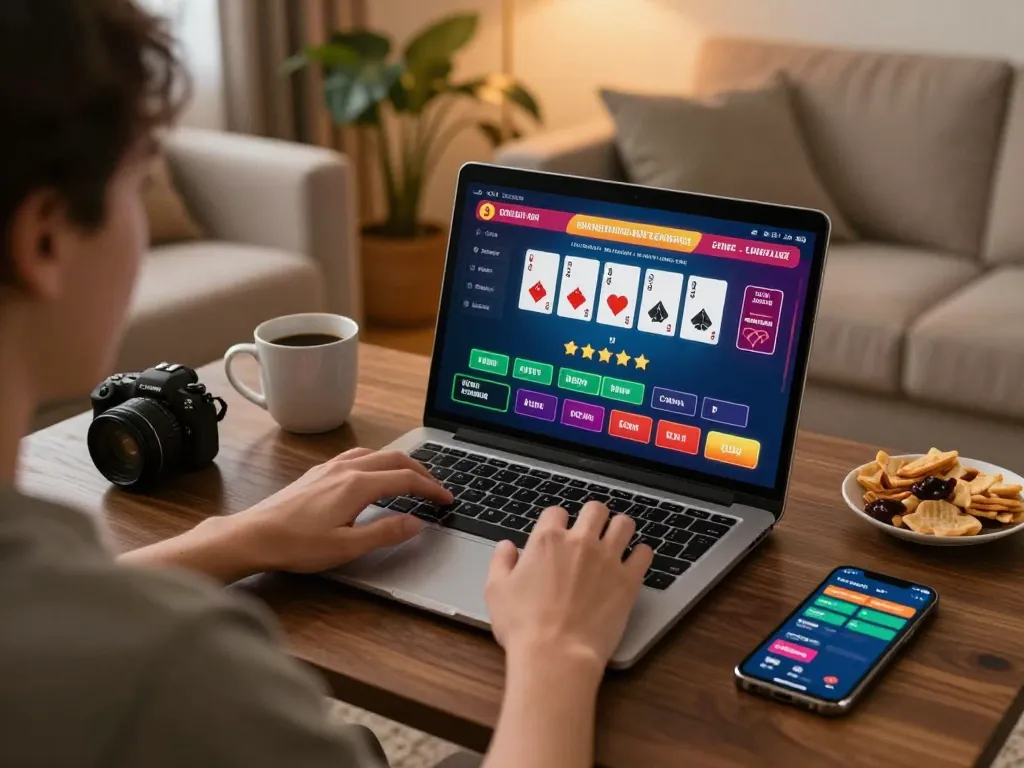 Player enjoying online gambling with tập đoàn ATQ on laptop in a cozy home setting