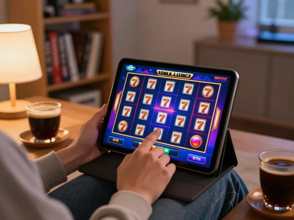 Playing slot 777 on a tablet in a cozy home atmosphere, ready to spin for big wins.