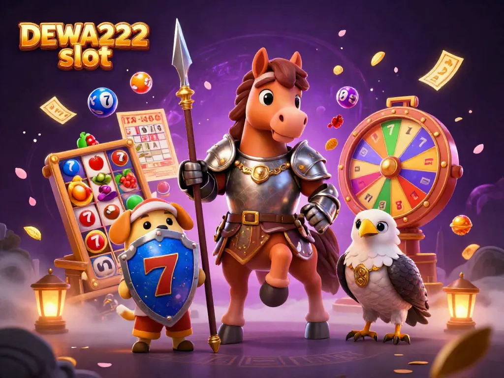 Experience the excitement of DEWA222 slot with vibrant characters and dynamic gambling elements in this engaging 3D illustration.