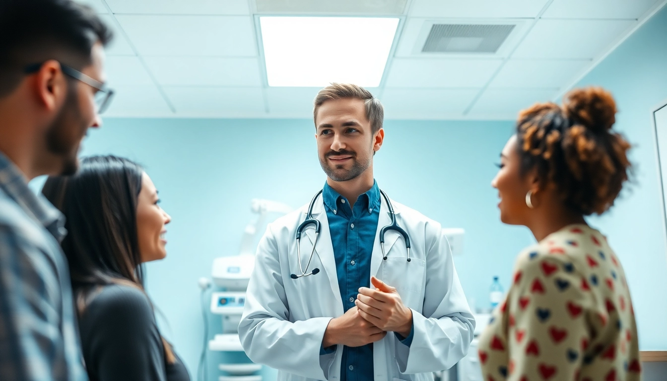 Promote Health with a compassionate doctor interacting with patients in a modern clinic.