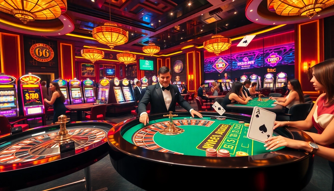 Exciting casino scene with players at roulette tables and vibrant slot machines featuring the website TR88 theme