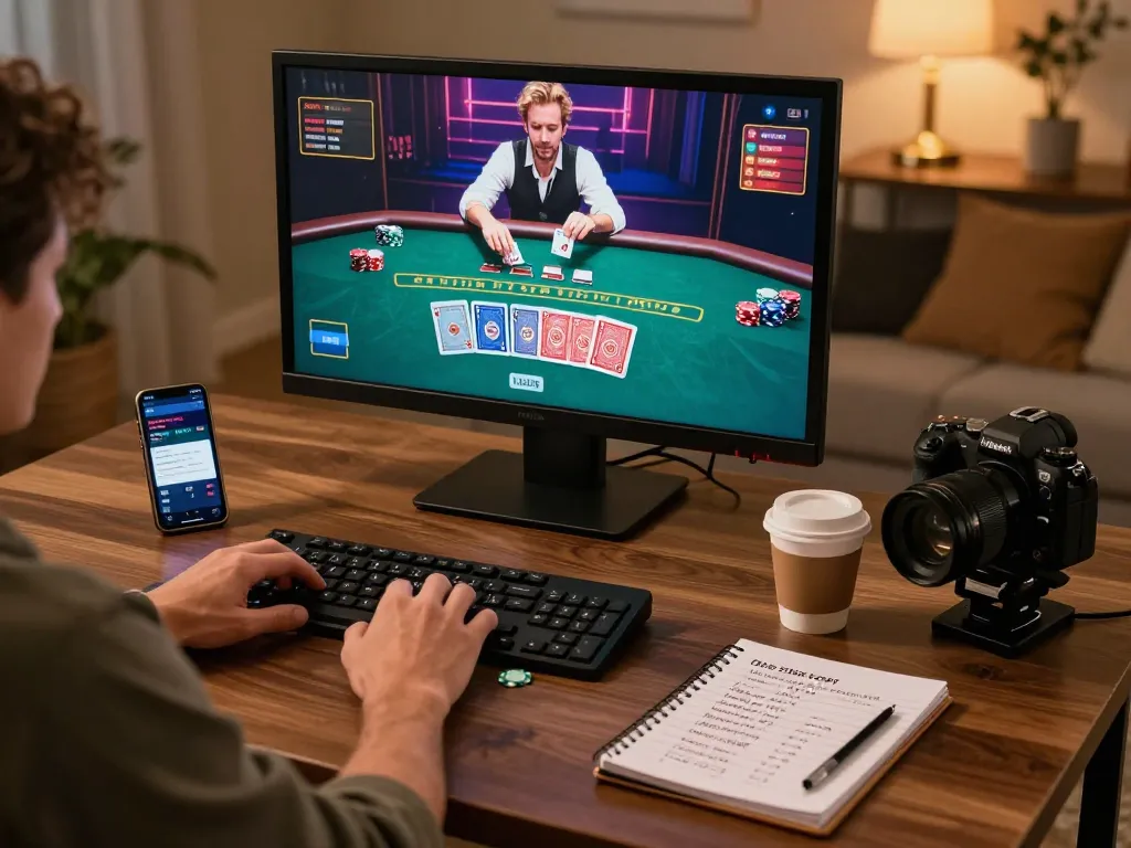 Engaged player enjoying live dealer blackjack on TV88 at home with strategic notes nearby.
