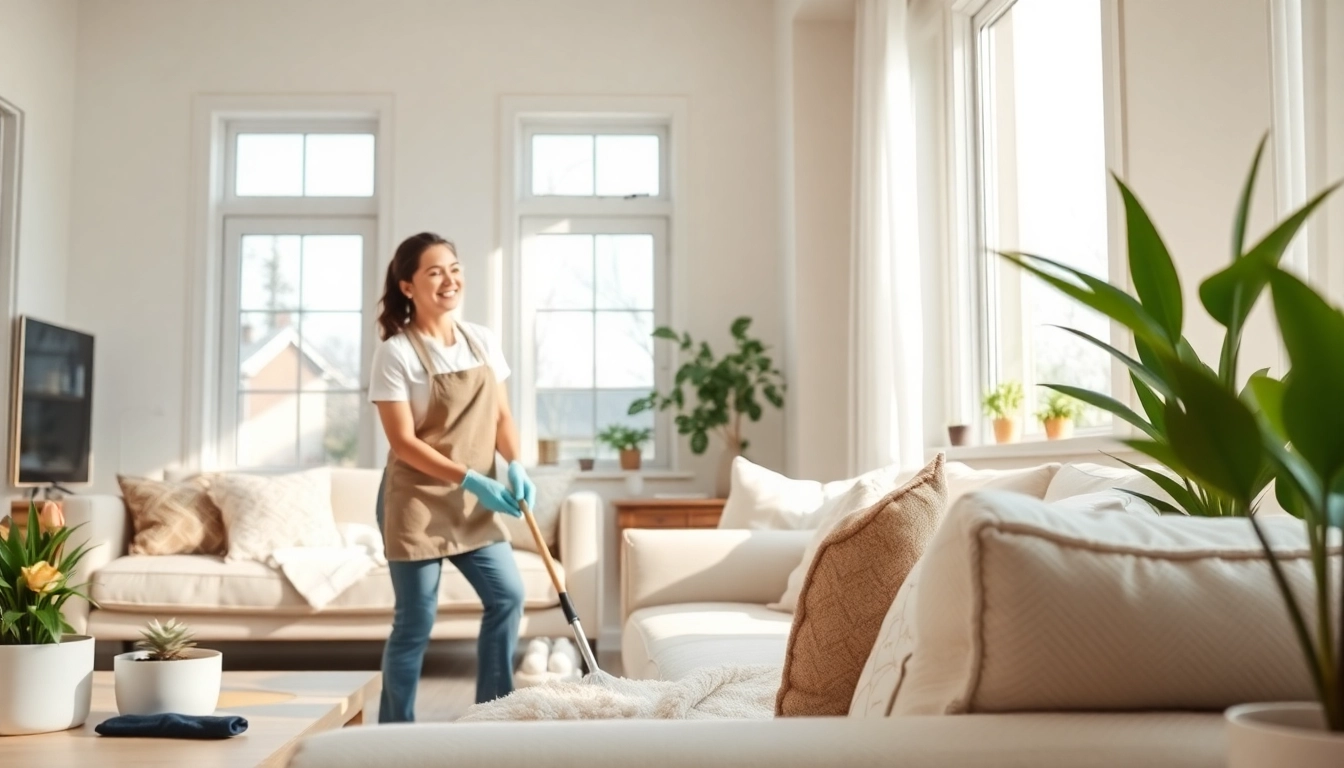 Showcasing cleaning services calgary with a professional maid organizing a bright living room.