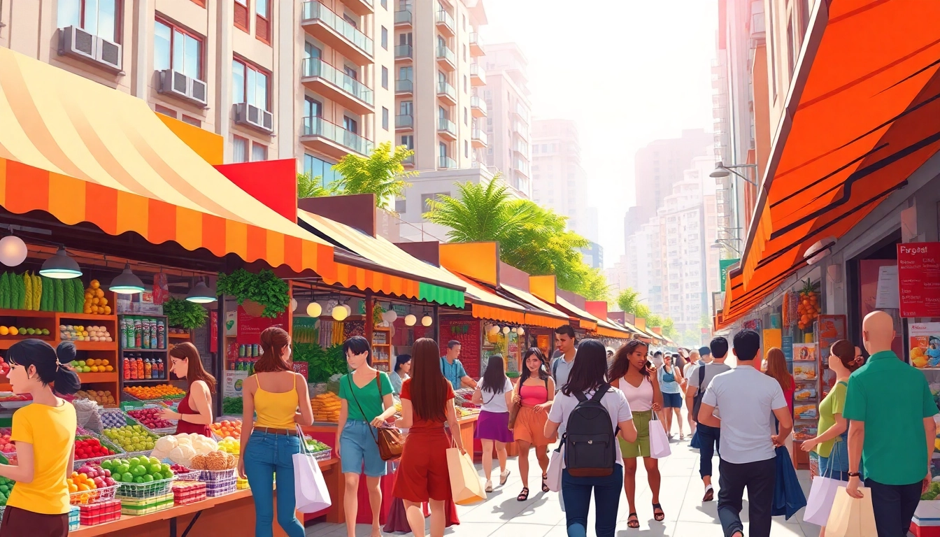 Visit the lively Multi-Store marketplace bustling with shoppers and colorful stalls.