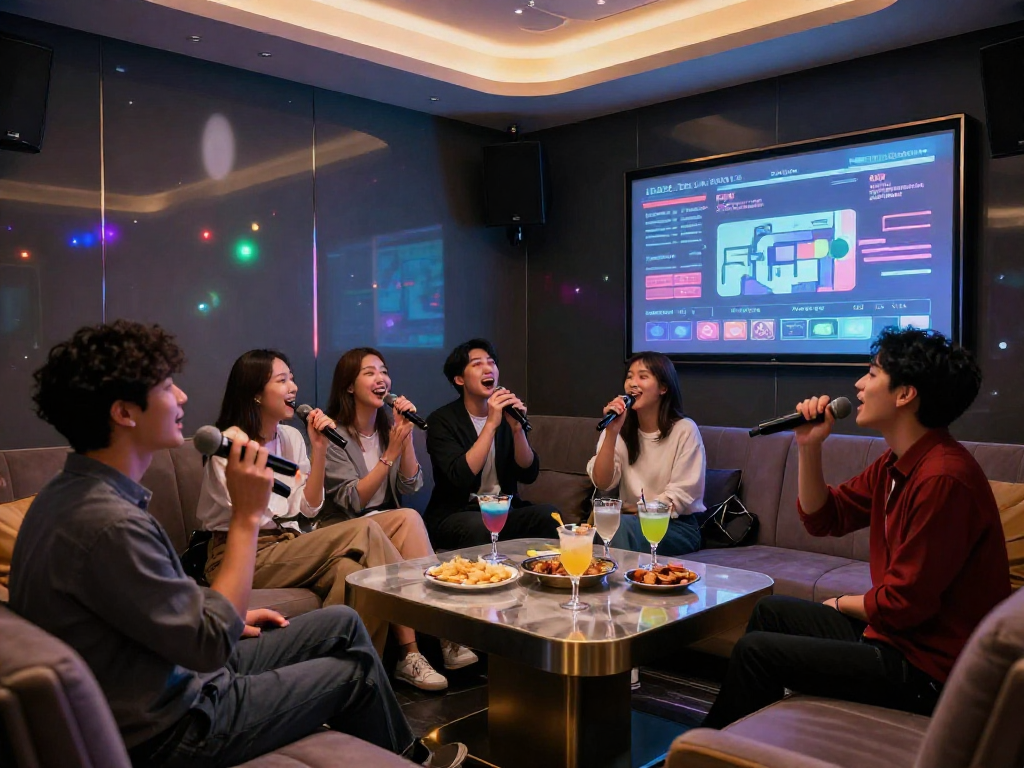 강남 도파민에서 친구들과 즐거운 시간을 보내는 모습, 세련된 분위기의 가라오케 룸