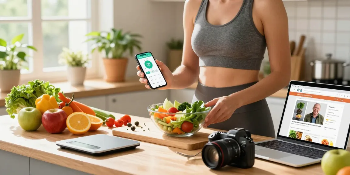 Exploring the best nutrition tracking app while cooking a healthy meal with fresh ingredients.