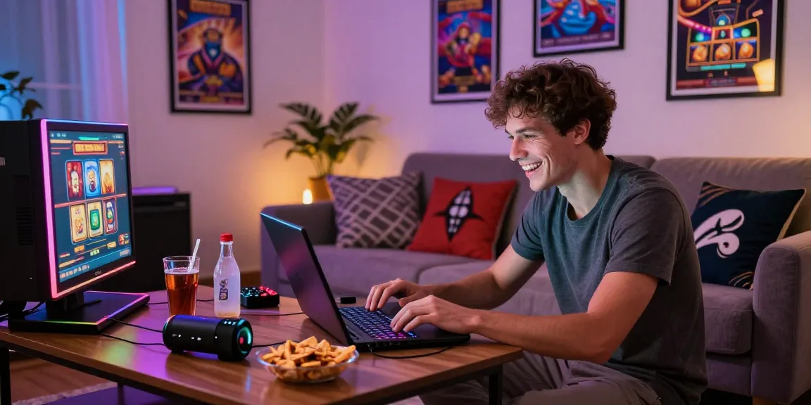 Engaged player enjoying slot games on a laptop in a colorful living room.