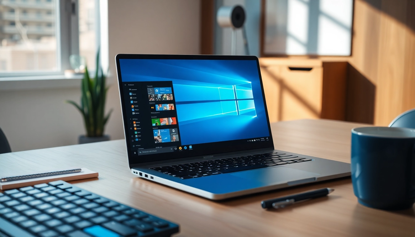 Showcase of a Windows 11 Pro Key in a modern workspace with laptop and office tools.