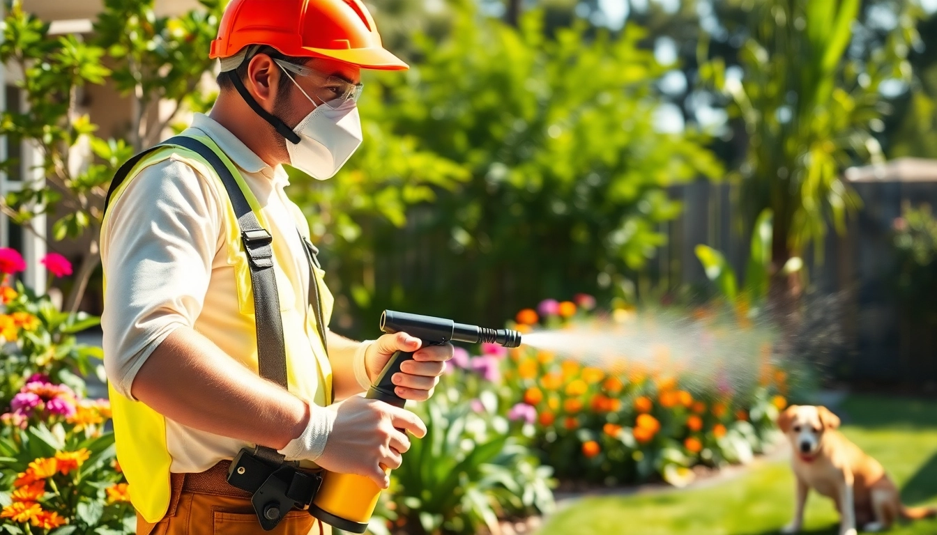 Residential insect exterminator spraying eco-friendly solution in a sunny garden.