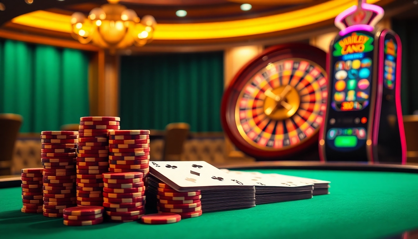 Scène de casino en ligne passionnante avec un poker à enjeux élevés et une roulette qui tourne.