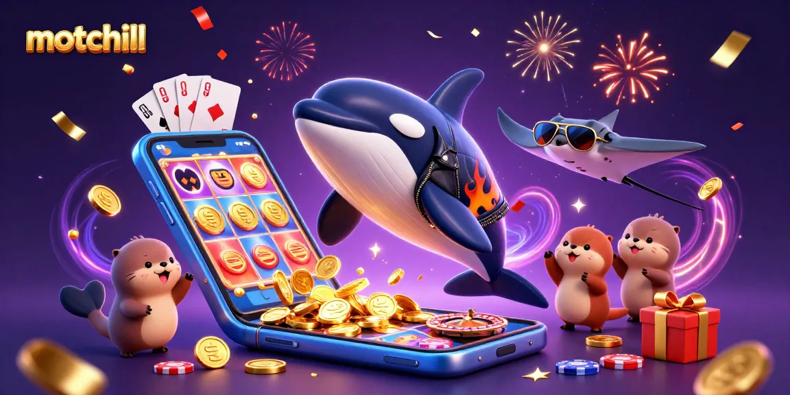 Motchill showcases thrilling slots with orca whale, stingray, and otters celebrating wins.