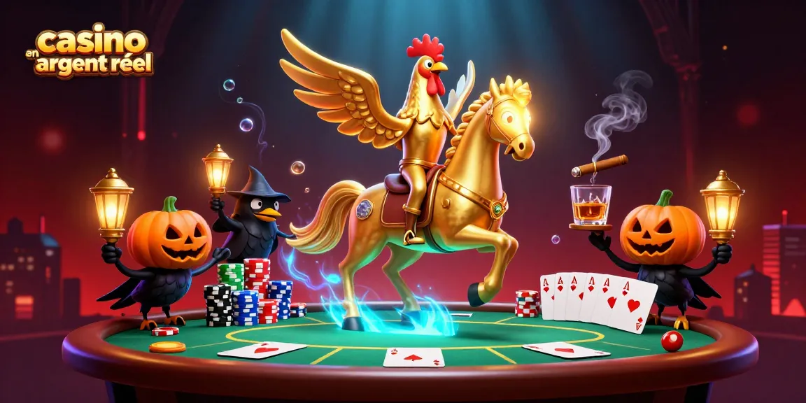 Jeu captivant au casino en ligne argent réel avec un coq doré et des éléments de poker.