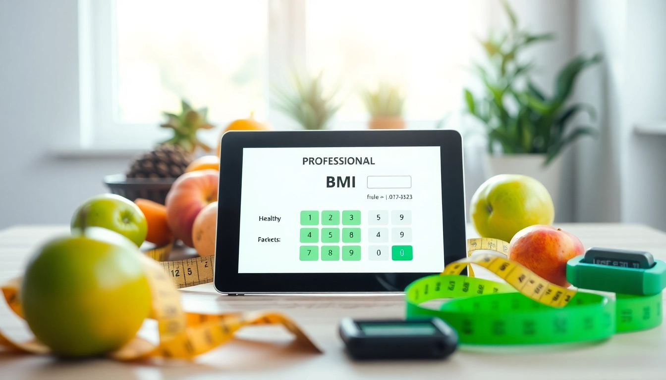 BMI calculator displayed on a device with fruits and a tape measure, inviting users to calculate their BMI.