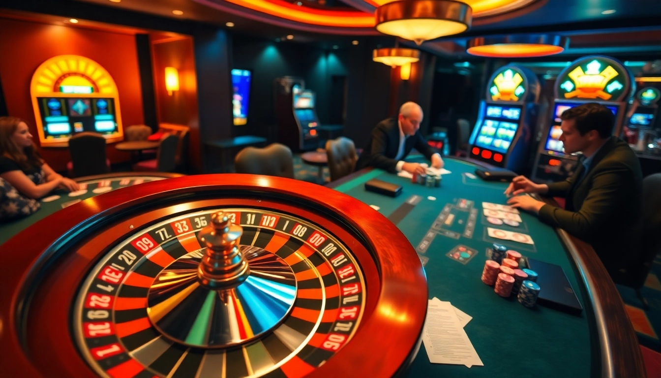 Exciting gambling scene at j88.gives featuring roulette, poker tables, and vibrant slot machines.