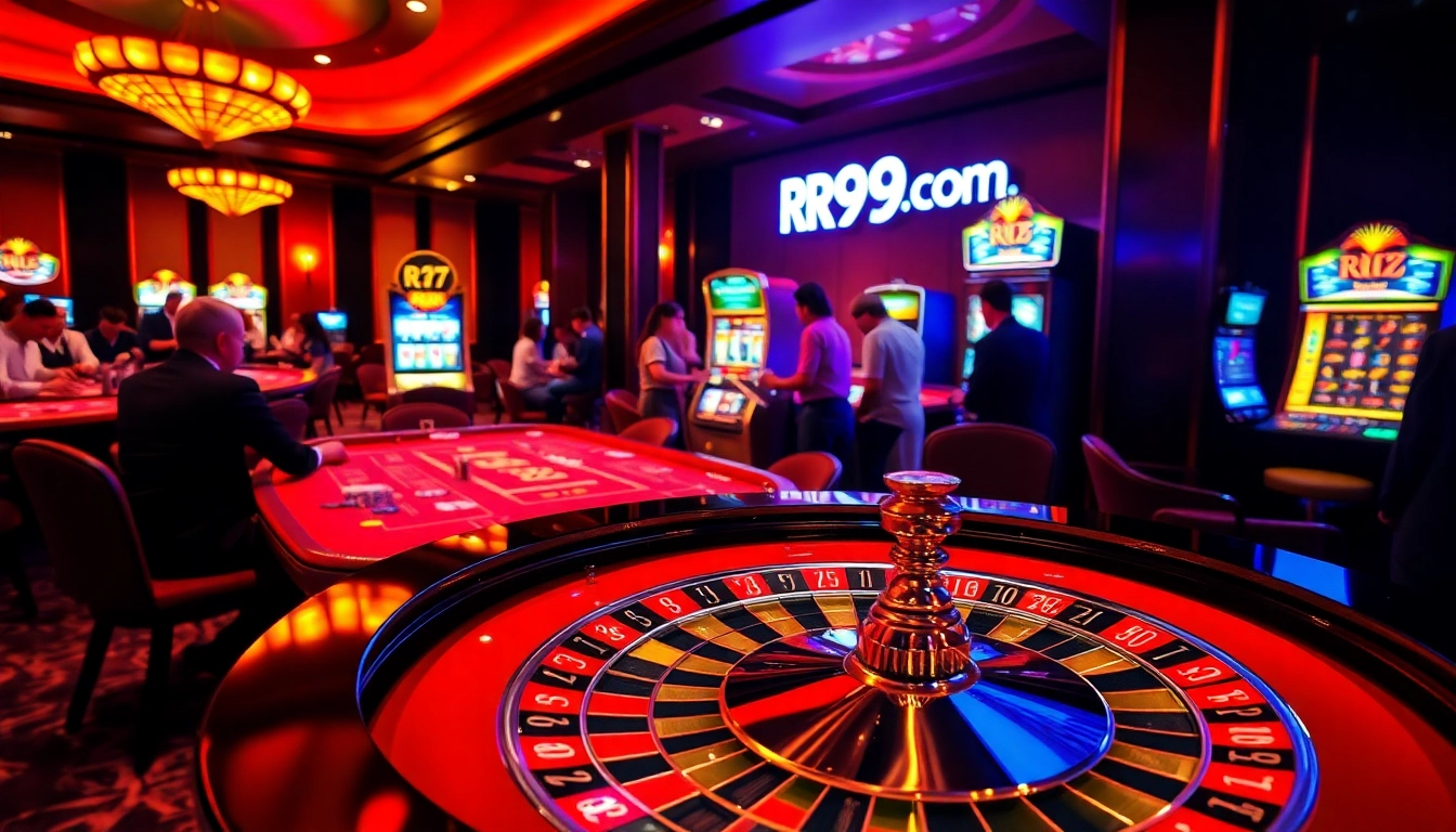 Experience thrilling gameplay at RR99 com with vibrant casino scenes depicting excitement and luxury.