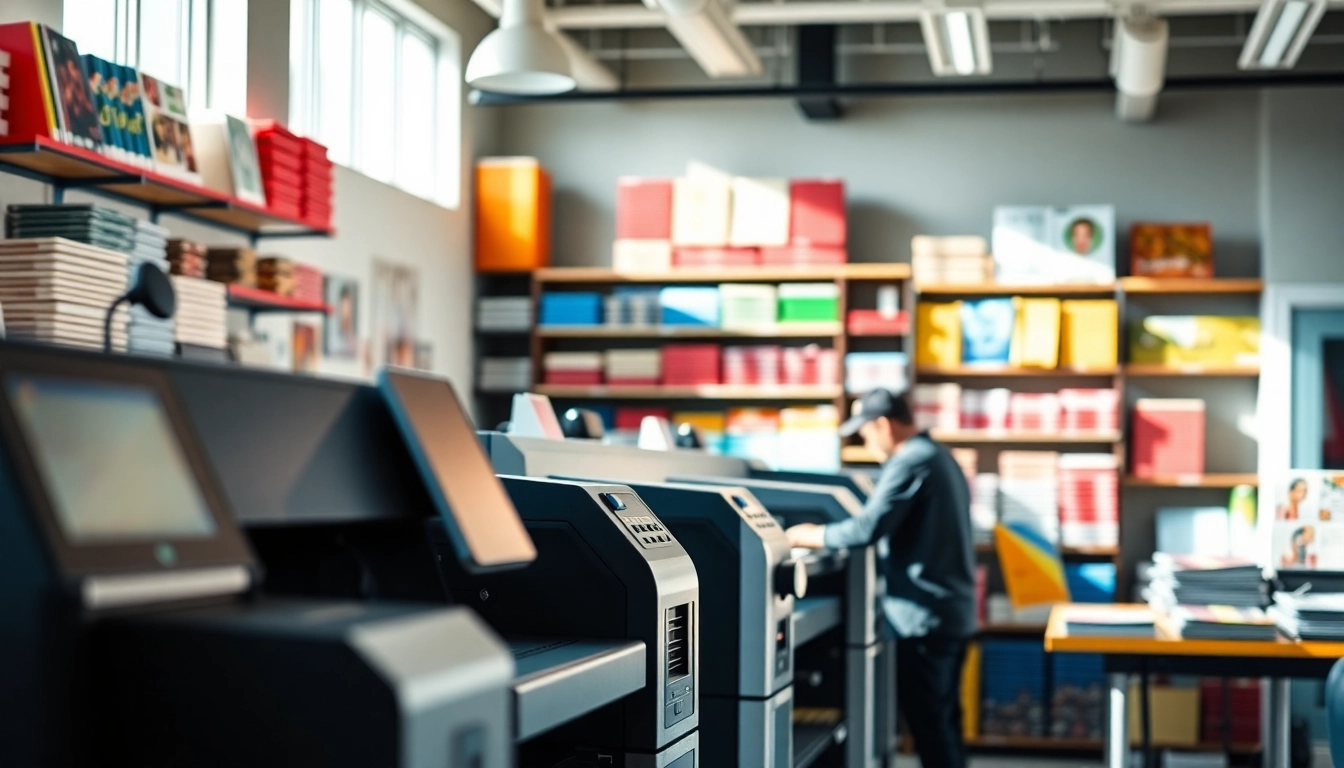 Budget printing Edmonton AB services with vibrant prints and a bustling workspace.
