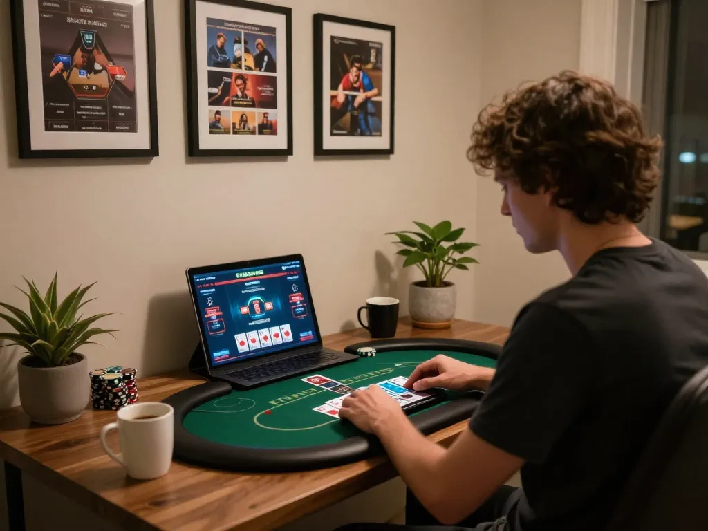 Engaged player at home gaming on smartphone and tablet, showcasing 98win trang chủ online poker interface