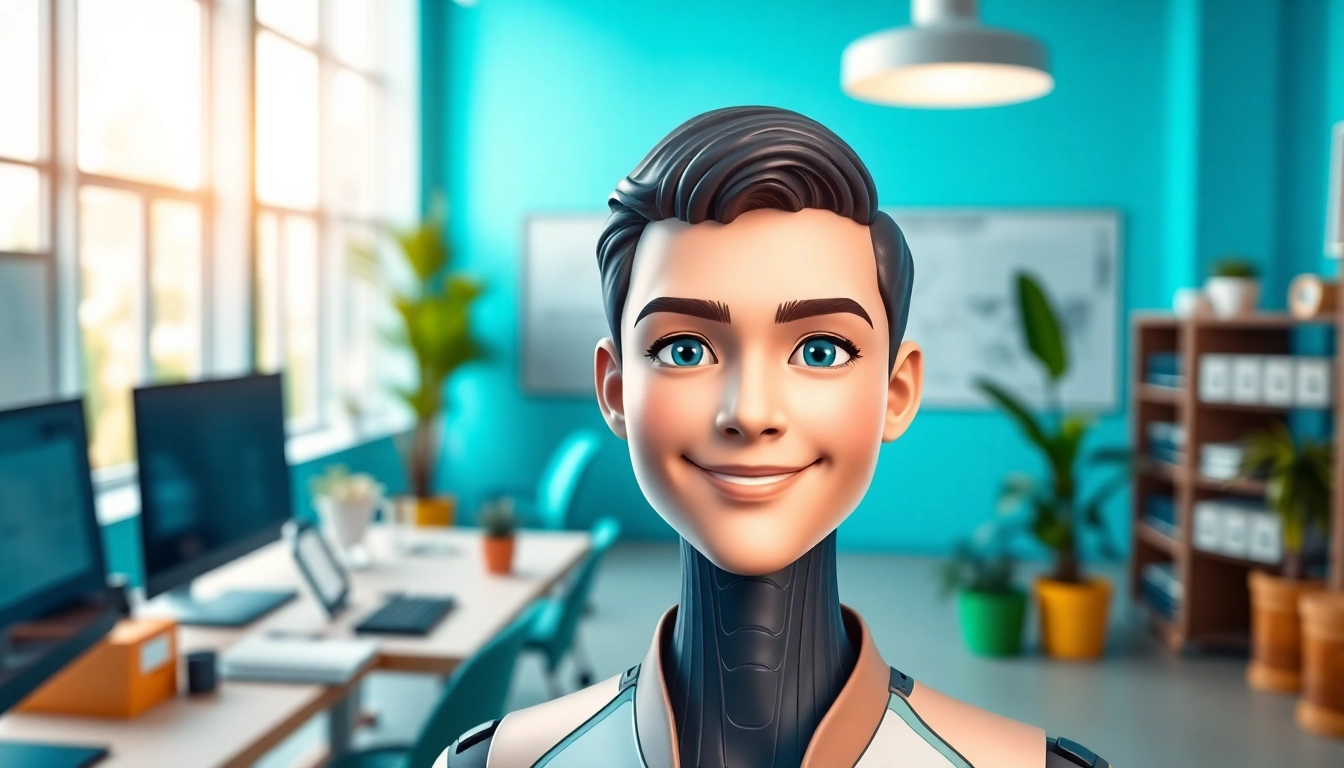 Engaging AI avatar in a vibrant digital workspace showcasing creativity and technology.