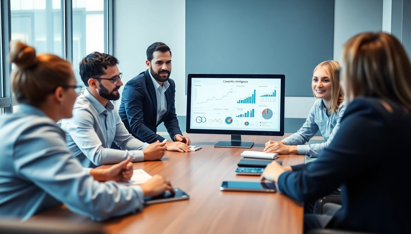 Team analyzing competitive intelligence data during a business meeting in a modern conference room.