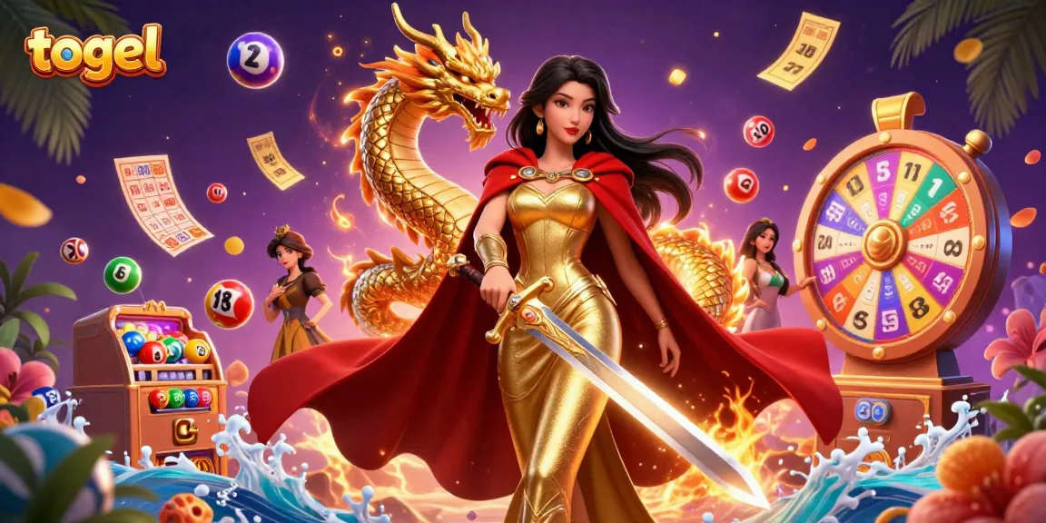 Engage in thrilling togel action with dynamic colorful lottery balls and a brave warrior queen.