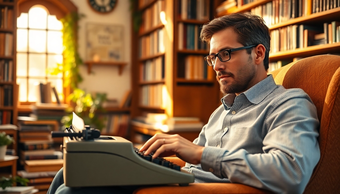 Author engaged in writing at a warm, inviting workspace filled with books.