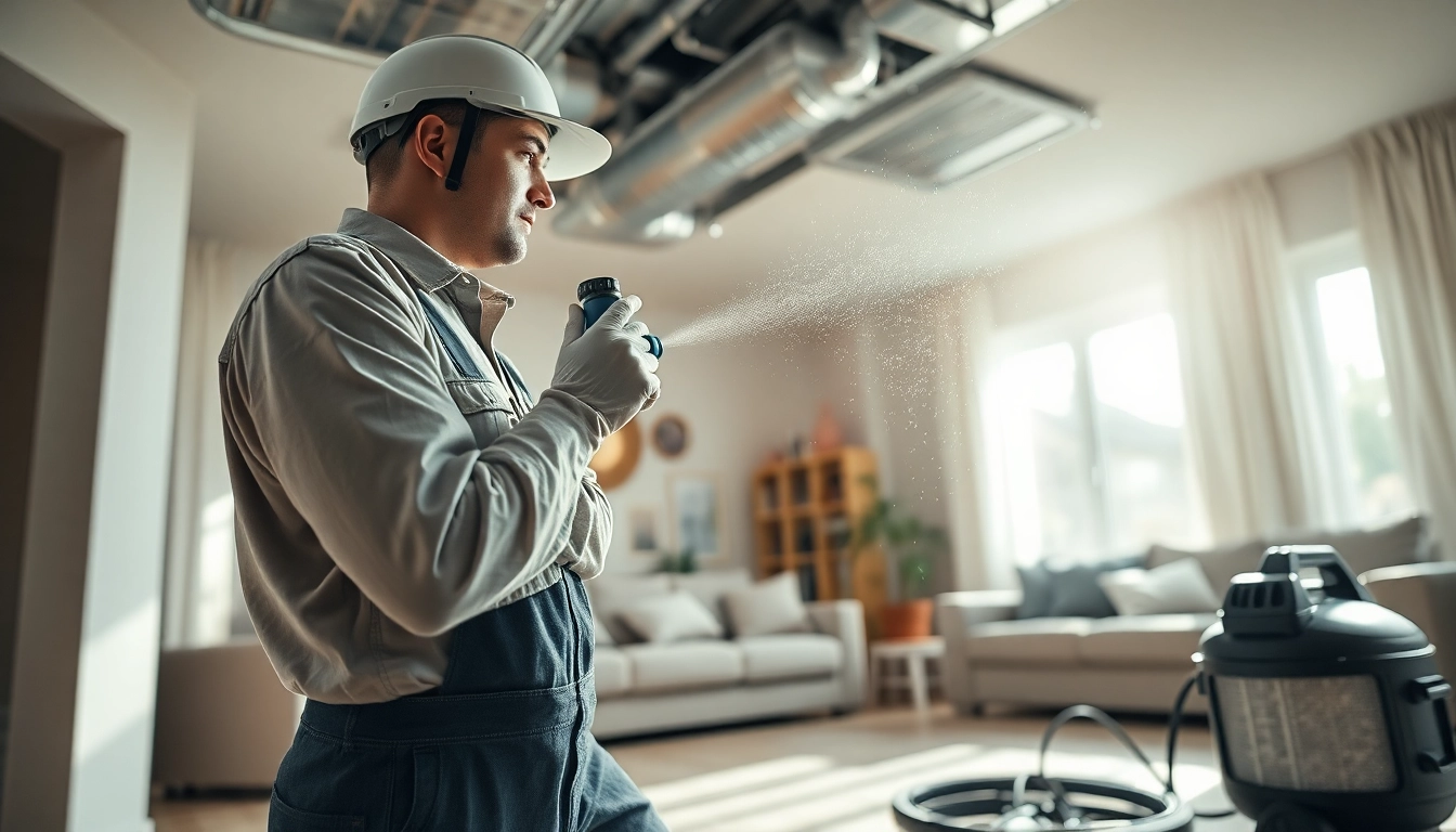 Duct cleaning and HVAC inspection by a professional technician in a residential setting.