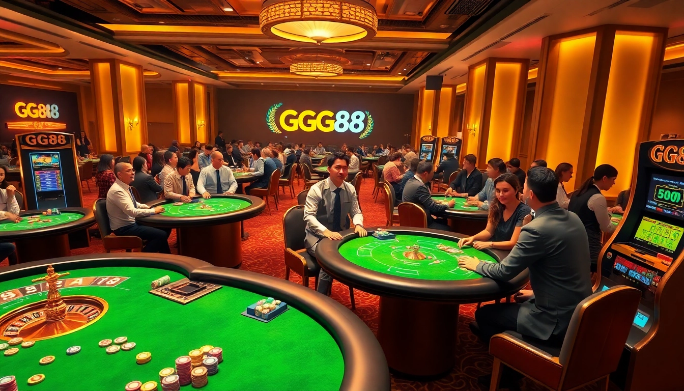 GG88 players enjoying an exciting casino experience at vibrant poker tables and slot machines.
