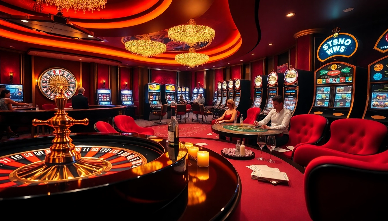 Vivez l'excitation du casino en ligne avec des joueurs à une table de poker luxueuse et des machines à sous vibrantes.