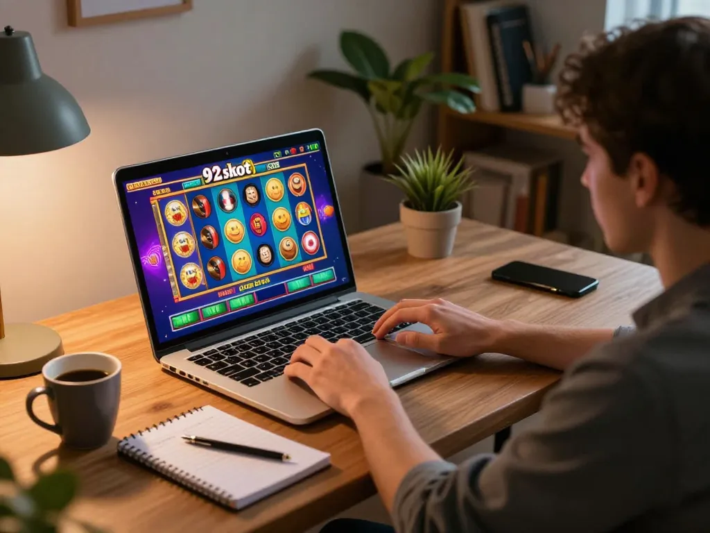Player enjoying an online session on 92slot com, strategizing with coffee and notes visible.