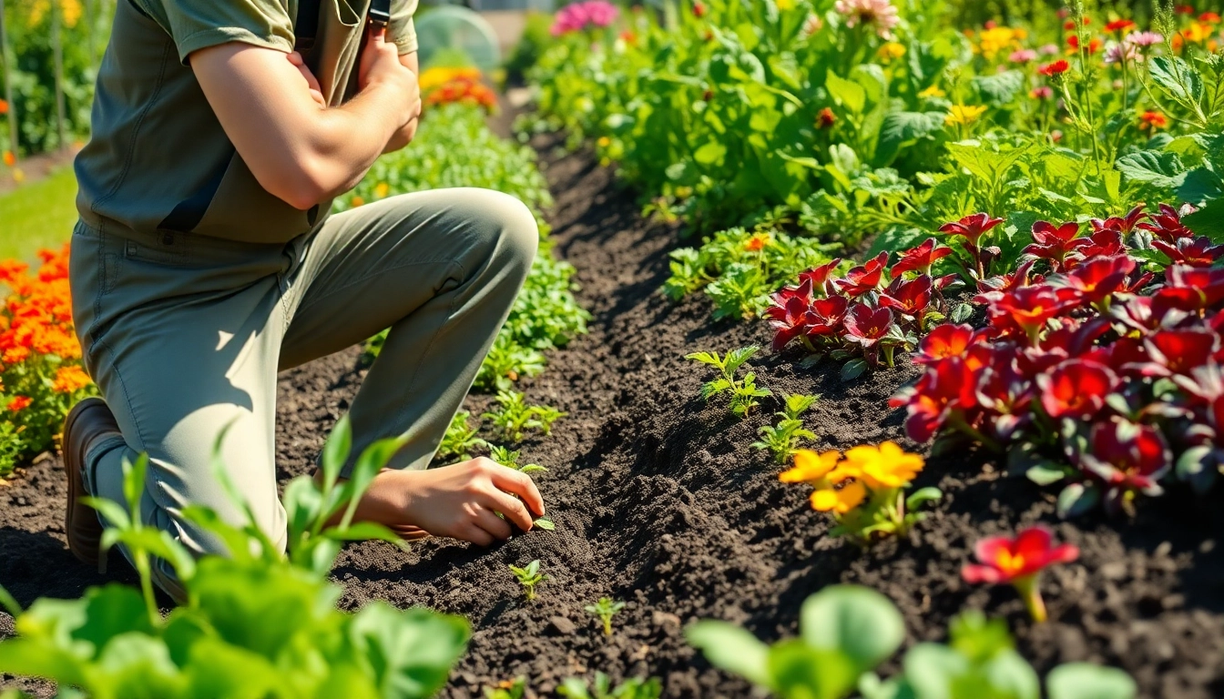 Gardening professional planting seeds in a vibrant garden filled with colorful flowers.