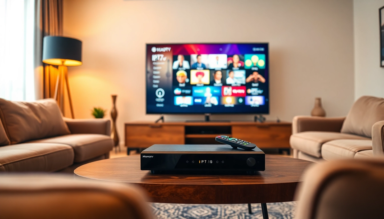 Comprar iptv en un moderno salón con una televisión de pantalla plana mostrando gráficos vibrantes.