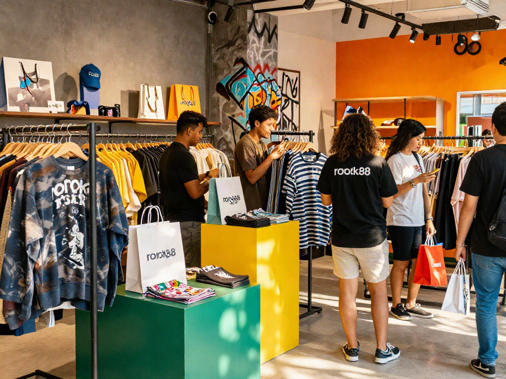 Customer browsing stylish rokok88 merchandise in a vibrant retail space.