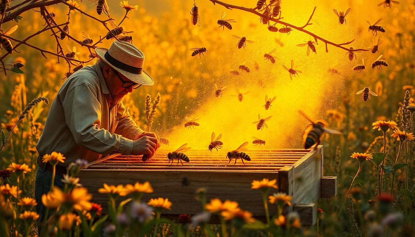 Colmenas Dadant en un campo, mostrando abejas trabajando en un entorno natural.