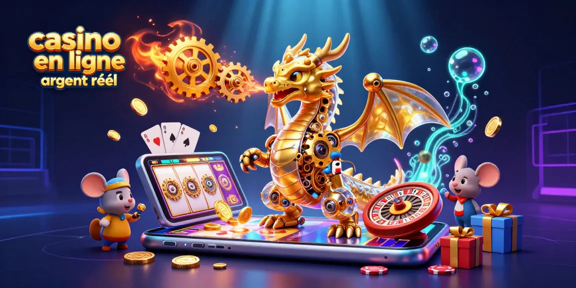 Jouez au casino en ligne argent réel avec un dragon mécanique doré et un ingénieur souris dans un univers ludique.