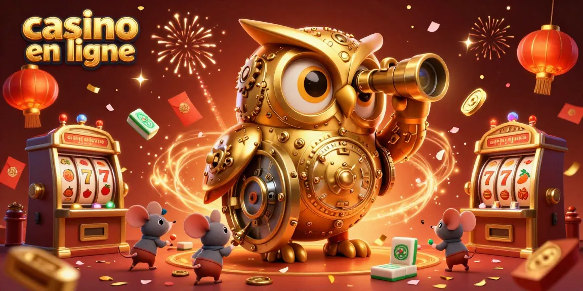 Illustration dynamique de casino en ligne avec hibou en or, machines à sous et éléments festifs.