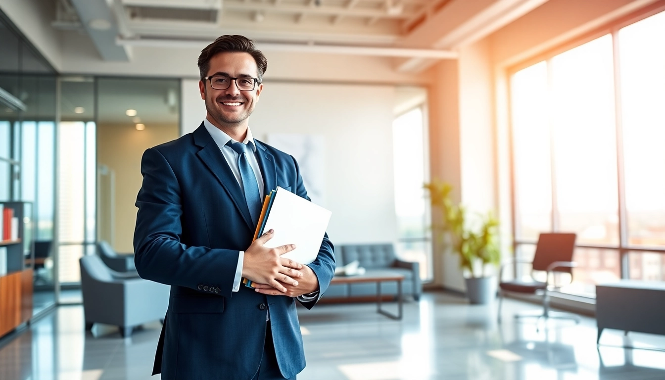 New Hampshire Immigration Lawyer confidently presenting legal services in a professional office.