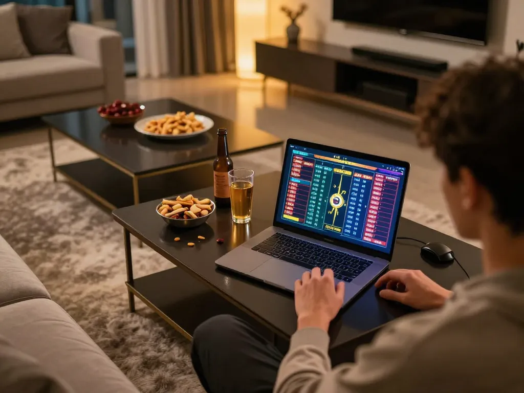 Lô đề online gaming session with a player engaged in betting strategies on a laptop in a cozy home environment