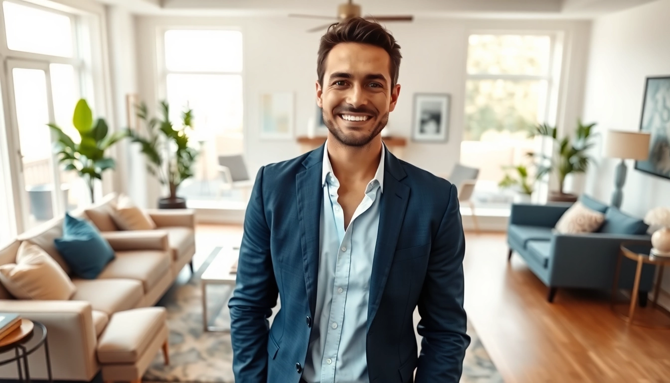 Real Estate agent engaging buyers in a beautifully staged living room setting.