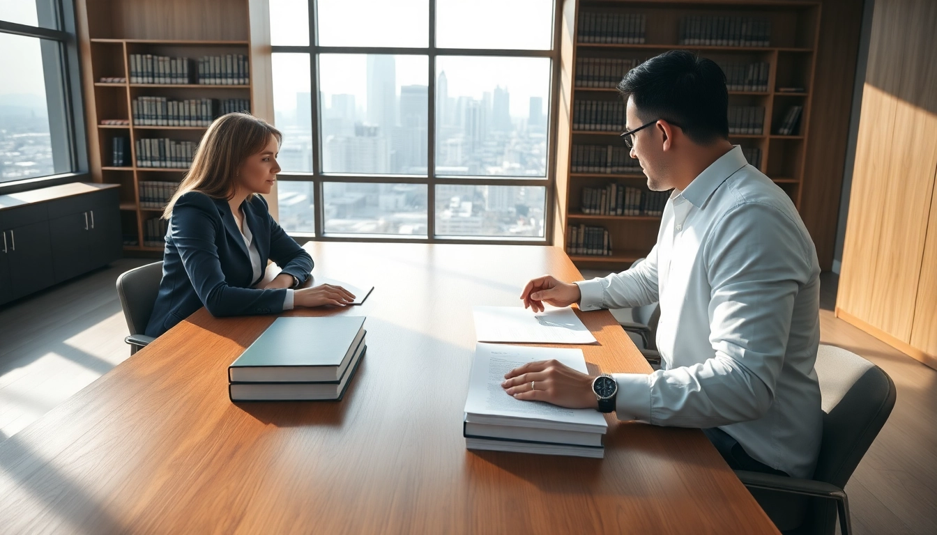 Client consultation for legal recoveries in a professional office space.