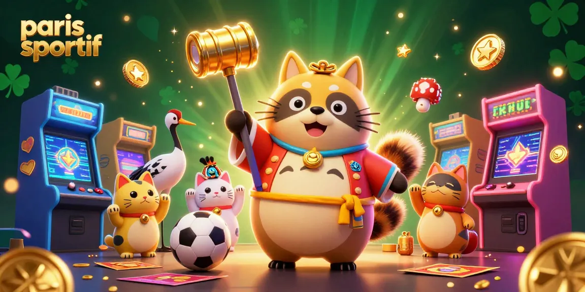 Pariez sur paris sportif avec un tanuki heureux et un trophée au milieu d'une scène dynamique.