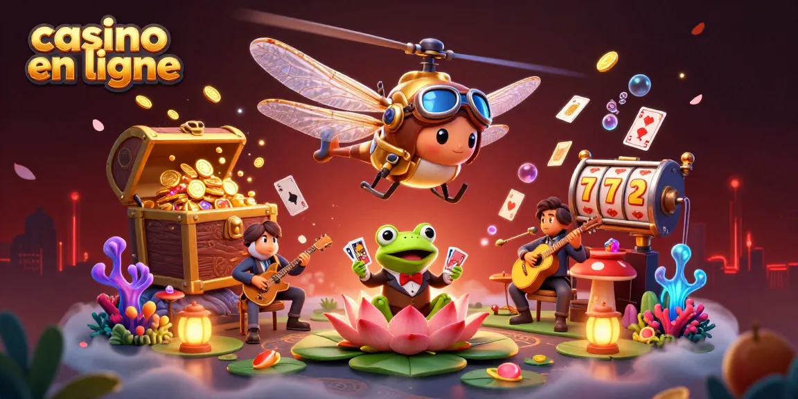 Jouez aux machines à sous dans un casino en ligne magique avec un pilote et un croupier dans cette illustration vibrante.