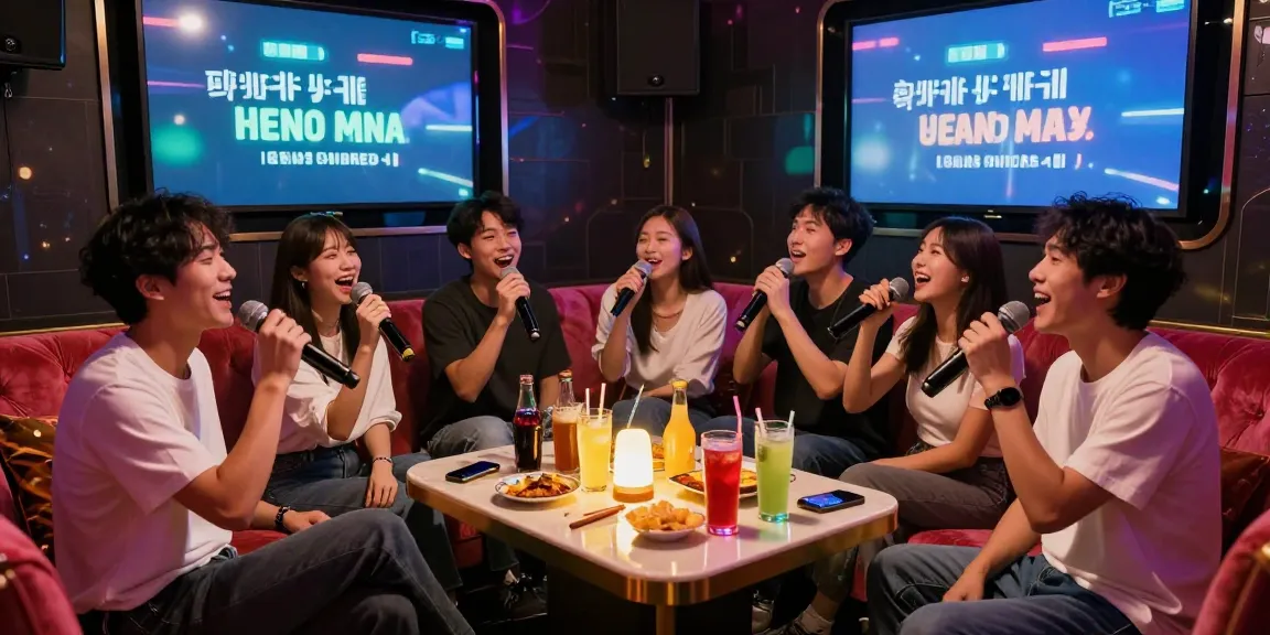 강남가라오케에서 친구들과 함께 즐기는 활기찬 노래방 장면