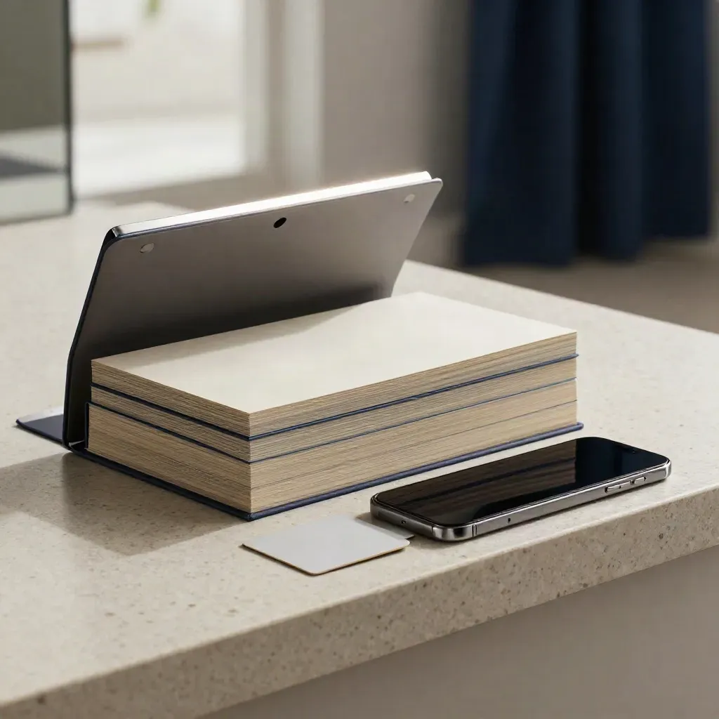 Open traffic sprint module stack beside a dark phone slab on travertine, airy premium marketing still life.